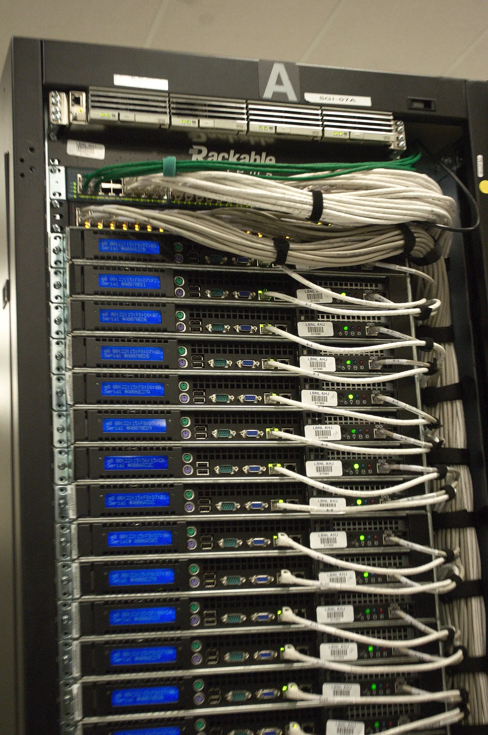The back of a rack: every blue light is a machine someone is paying for.